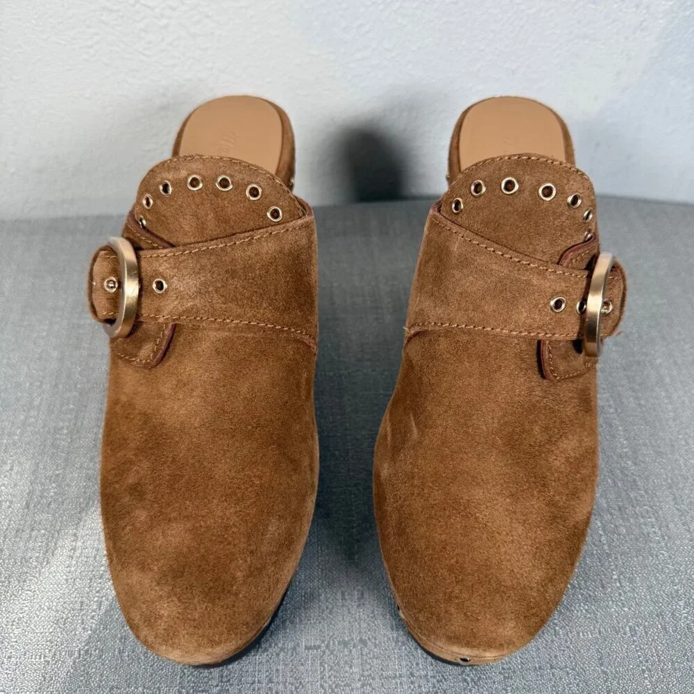 Madewell The Wes Buckle-Strap Clog Brown Suede Gold Studded Heels Platform 7
